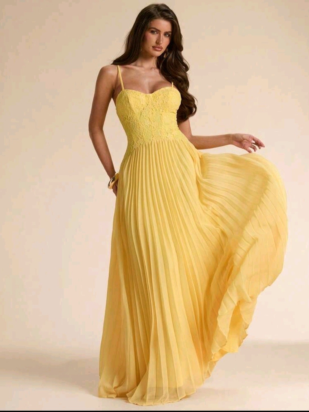 Sunshine Lace Bodice Pleated Yellow Maxi Dress